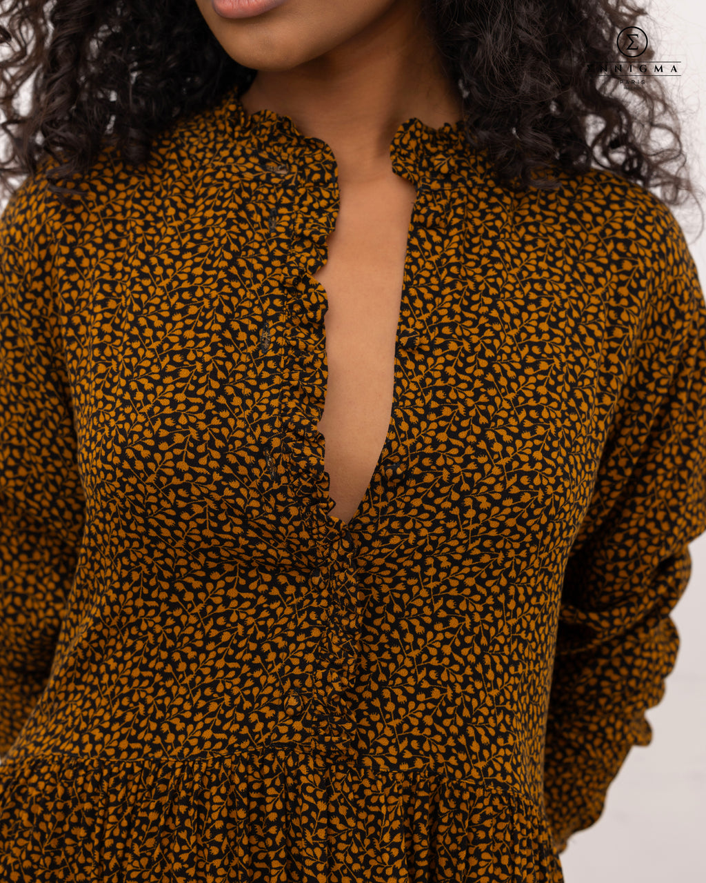Mustard Floral Button-Front Midi Dress