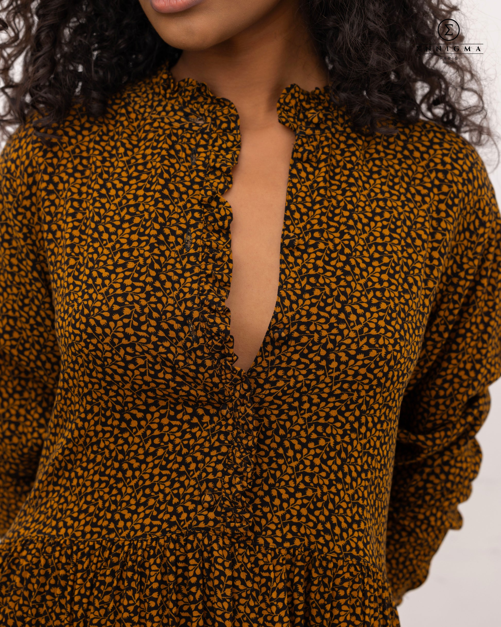 Mustard Floral Button-Front Midi Dress