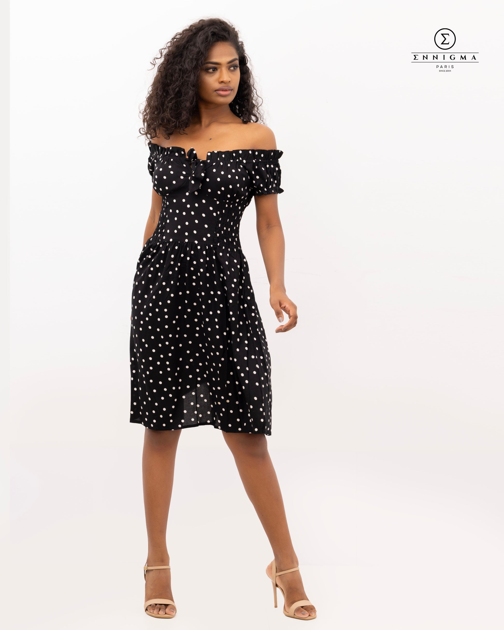 Off-Shoulder Polka Dot Dress with Front Tie