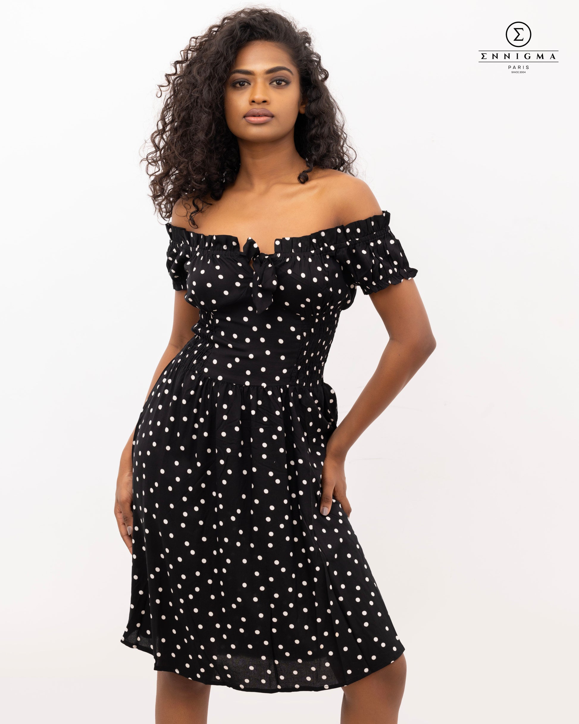 Off-Shoulder Polka Dot Dress with Front Tie