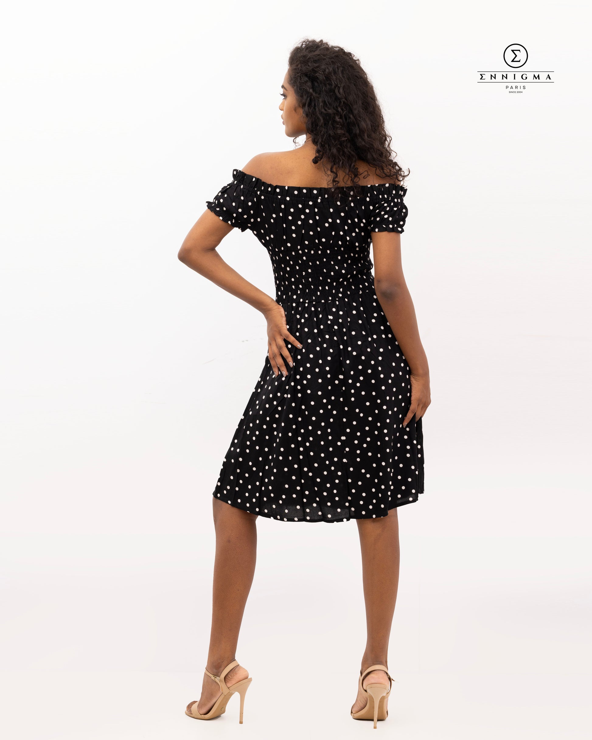 Off-Shoulder Polka Dot Dress with Front Tie
